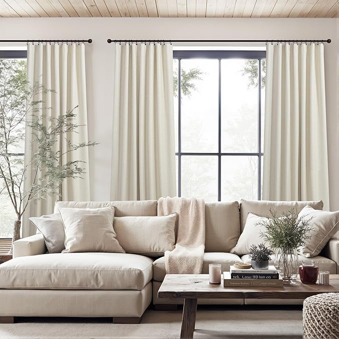 Beige Linen Curtains Boho Textured 100% Blackout Burlap Curtains 86 Inch Length 2 Panels Set Thermal Insulated Country Curtain for Living Room Bedroom Darkening Rustic Farmhouse Drape 52x86 Long