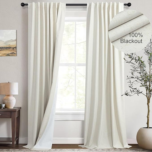 Elegant Natural Linen Blackout Curtains 120 Inches Long 2 Panels Set for Bedroom Extra Wide Large Window Back Tab Pocket Ceiling Sliding Glass Patio Door Drapes 10 ft Thermal Insulated Cottage Core