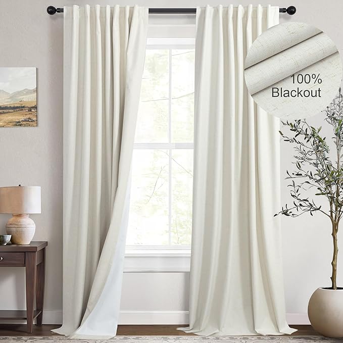 Natural Linen Blackout Curtains 84 Inch Length 2 Panels for Bedroom Living Room Darkening 100% Black Out Ivory Cream Curtain with White Back Tab Modern Farmhouse Thermal Insulated Boho Drapes 7ft Long