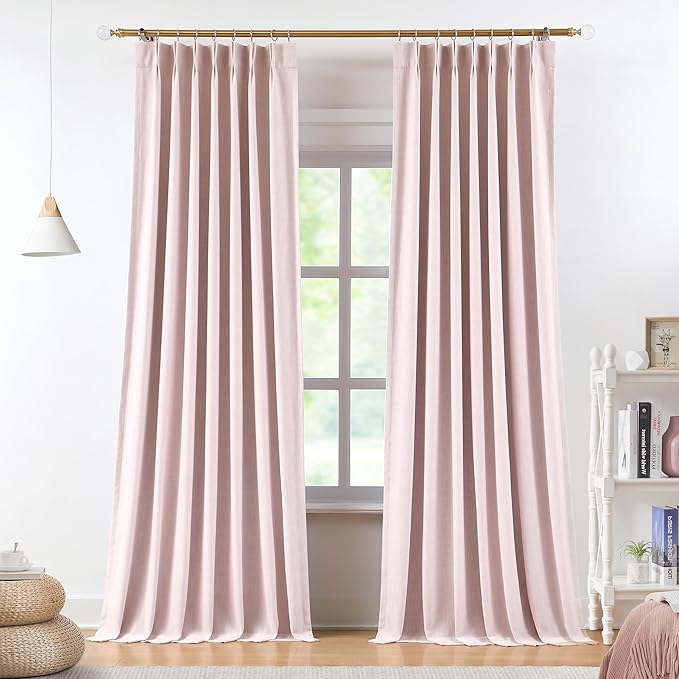 Vision Home Soft Pink Pinch Pleated Full Blackout Curtains Linen Blended Room Darkening Curtain Panels 84 inch for Living Room Bedroom Thermal Insulated Pinch Pleat Drapes with Hooks 40" Wx84 Lx2