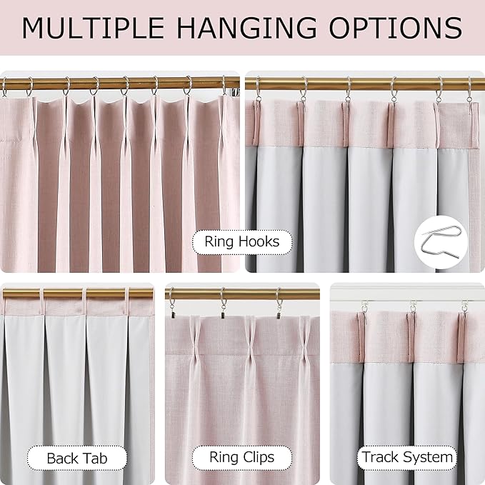 Vision Home Soft Pink Pinch Pleated Full Blackout Curtains Linen Blended Room Darkening Curtain Panels 84 inch for Living Room Bedroom Thermal Insulated Pinch Pleat Drapes with Hooks 40" Wx84 Lx2