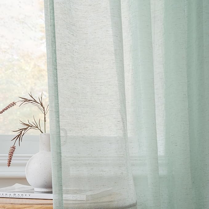 FMFUNCTEX Linen Sheer Curtains for Bedroom, Sage Green Curtains 96 inches Long for Living Room, Farmhouse French Flax Blend Window Draperies, Rod Pocket 2 Panels Set
