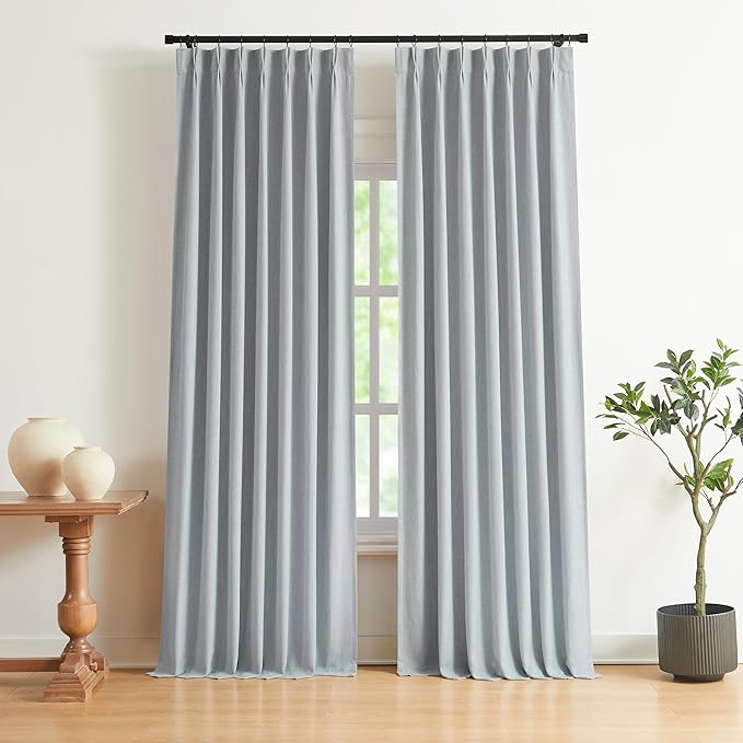 Vision Home Blue Gray Pinch Pleated Full Blackout Curtains Linen Blended Room Darkening Curtains 120 inch for Living Room Bedroom Thermal Insulated Pinch Pleat Drapes with Hooks 10ft 40" Wx120 Lx2