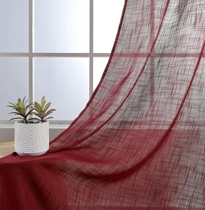 MIUCO Semi Sheer Curtains Poly Linen Textured Solid Grommet Curtains 63 Inches Long for Living Room 2 Panels (2 x 37 Wide x 63" Long) Burgundy