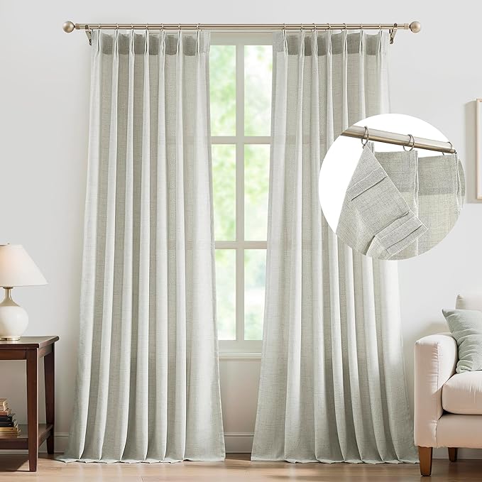 FMFUNCTEX Pinch Pleated Curtains 84 Inches Long for Living Room,Cream Beige Semi Sheer Faux Linen Textured Pleat Drapes for Bedroom with Hooks, Light Filtering Farmhouse Window Drapes 2 Panels