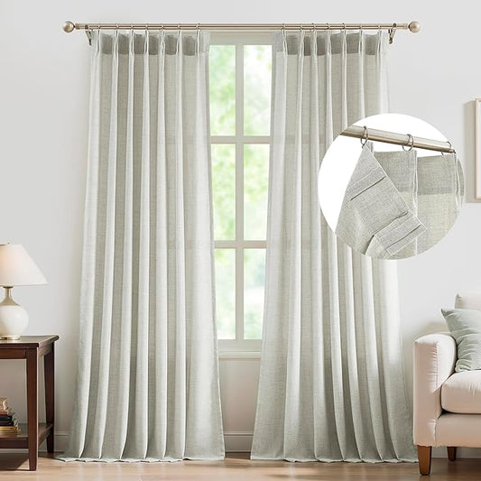 FMFUNCTEX Pinch Pleated Curtains 84 Inches Long for Living Room,Cream Beige Semi Sheer Faux Linen Textured Pleat Drapes for Bedroom with Hooks, Light Filtering Farmhouse Window Drapes 2 Panels