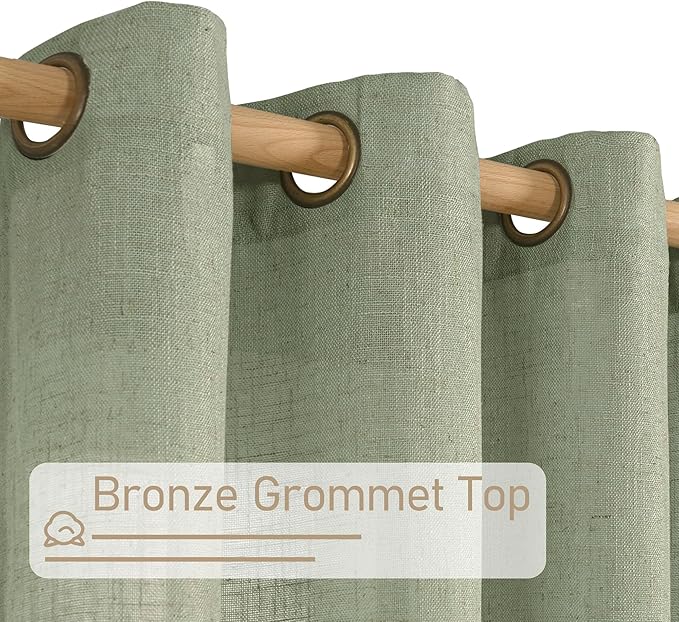 LAMIT Linen Curtians for Living Room 80 Inch Length, Bronze Grommet Light Filtering Semi Sheer Neutral Lightweight Rustic Farmhouse Boho Drapes for Bedroom, 2 Panels, Sage Green, 34 x 80 Inch