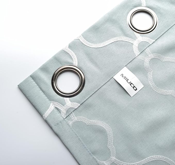 MIUCO Moroccan Embroidered Semi-Sheer Curtains Faux Linen Grommet Window Panel Pair for Nursery 52 x 63 Inch, Sea Foam
