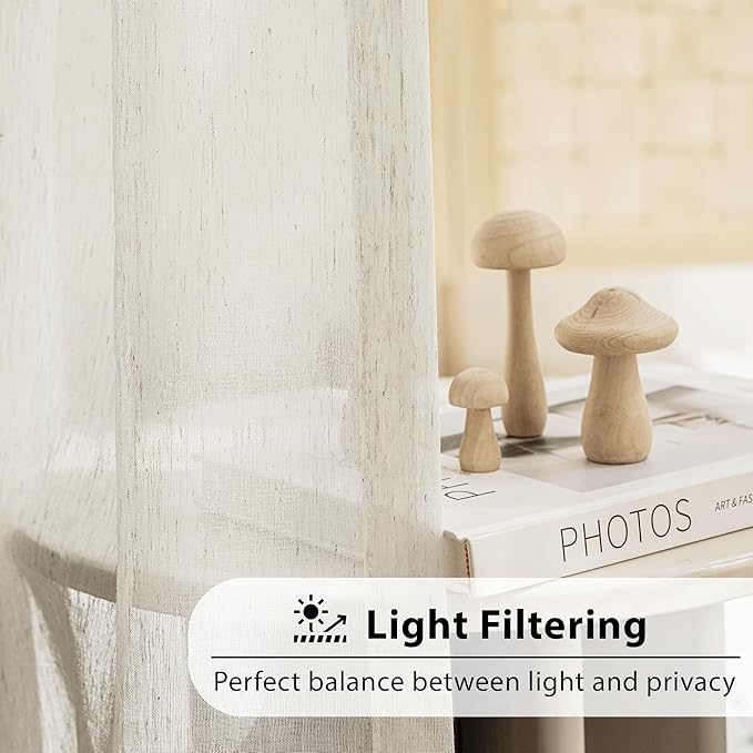 FMFUNCTEX Linen Sheer Curtains for Bedroom, Beige Curtains 54 inch Length for Living Room, Natural Flax Blend Window Draperies for Farmhouse Curtain, Rod Pocket 2 Panels
