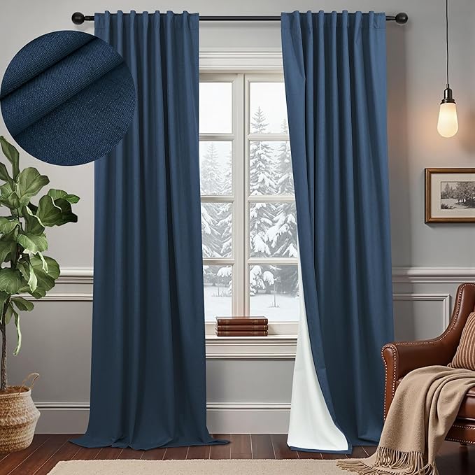 Navy Blue Blackout Curtains for Living Room 84 Inch Length 2 Panel Set Back Tab Pocket Midnight Dark Blue Black Out Linen Window Drape Thermal Insulated Room Darkening Curtain for Bedroom Boys 84 Long