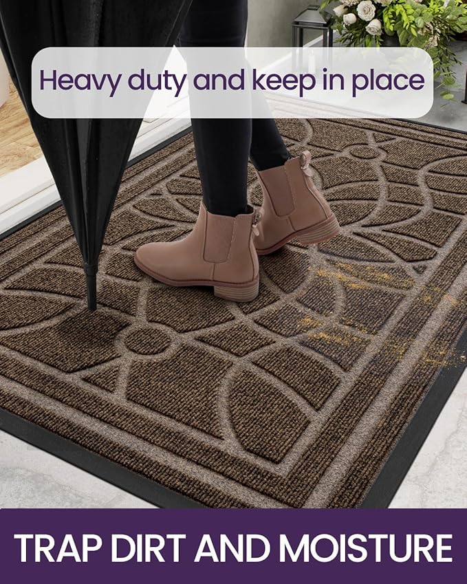DEXI Front Door Mat Outside Entrance, Heavy Duty Non Slip Low Profile Doormat for Entryway, Trap Dirt and Moisture Welcome Mats, Easy Clean, Patio, Garage, 4x2, Brown