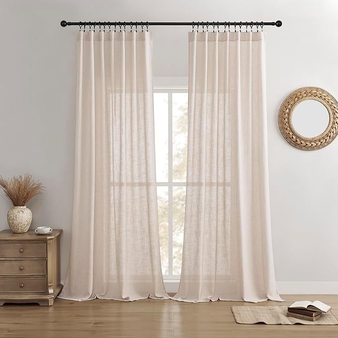 Joydeco Linen Curtains for Living Room,Semi Sheer Drapes Window Long Curtains 84 inches Long Pink Beige