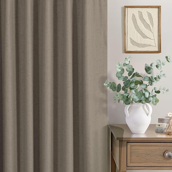 Light Brown Linen Blackout Curtains 96 Inches Long Back Tab Pocket Neutral Earthy Thermal Black Out Curtains for Living Room Sliding Glass Door Burg Floor to Ceiling Window Drapes 2 Panels 8ft Length