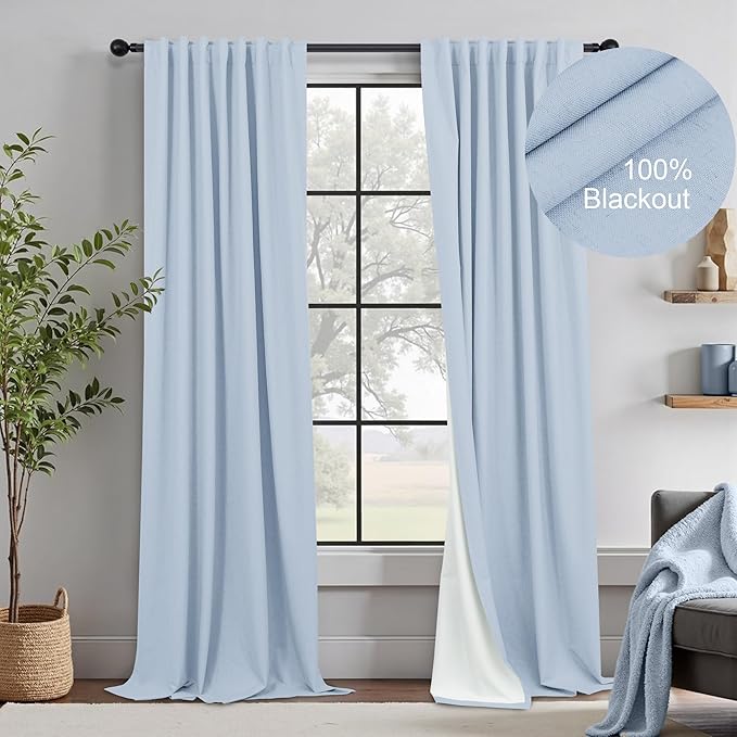 Light Blue Blackout Curtains 90 Inches Long for Bedroom 2 Panel Set Thermal Insulating Room Darkening Draperies for Living Room Black Out Linen Drapes Winter Cold Blocking Grand Millenial 52x90 Length