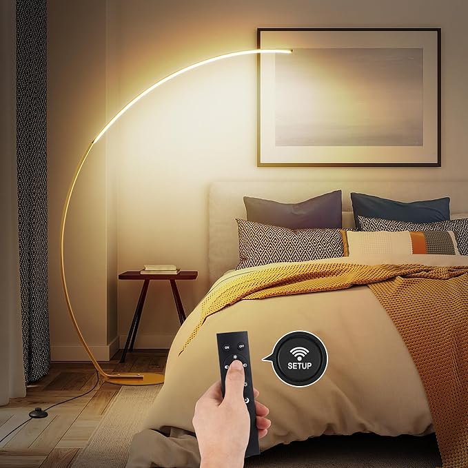 NUÜR Arc Floor Lamp, 67" Tall Gold LED Modern Standing Floor Lamp with Remote Control, Arched Bright Floor Lamps for Living Room Bedroom Office Home
