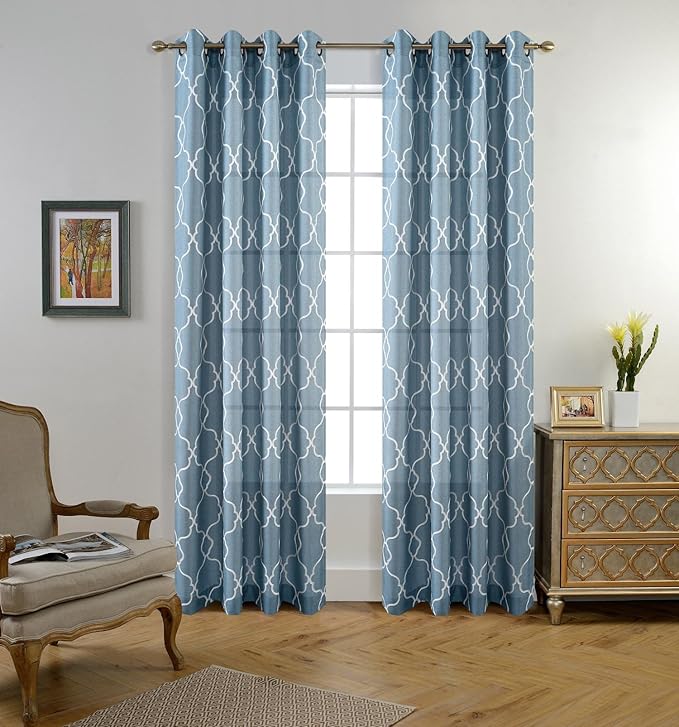 MIUCO Moroccan Embroidered Semi Sheer Curtains Faux Linen Grommet Window Curtain for Living Room 52 x 84 Inch 2 Panels, Dusty Blue
