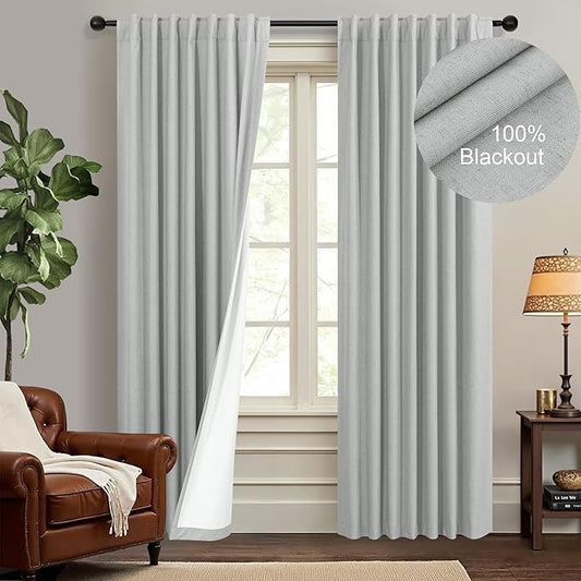 Living Room Darkening Curtains 72 Inches Long 6FT 6 FT Length 2 Panels Set Double Sided Blocking Light Gray Blackout Garage Window Coverings Grey Black Out Farmhouse Linen Drapes for Bedroom Cabin
