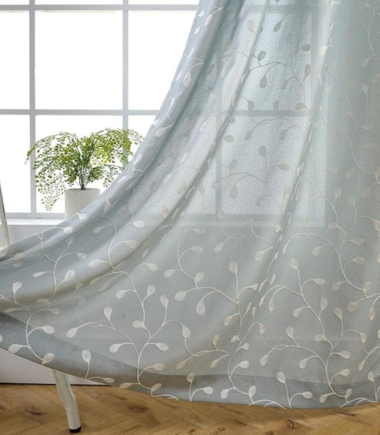 MIUCO Floral Embroidery Semi Sheer Curtains Faux Linen Grommet Curtains for Living Room 52 x 84 Inch 2 Panels Set, Sea Foam