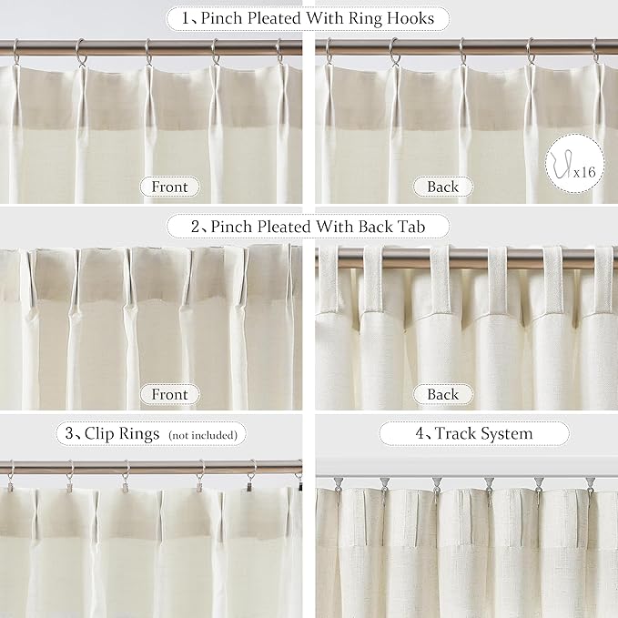 FMFUNCTEX Pinch Pleated Curtain 96 Inches Long for Living Room, Ivory Semi Sheer Faux Linen Textured Pleat Drapes for Bedroom with Hooks, Light Filtering Farmhouse Window Drapes 2 Panels