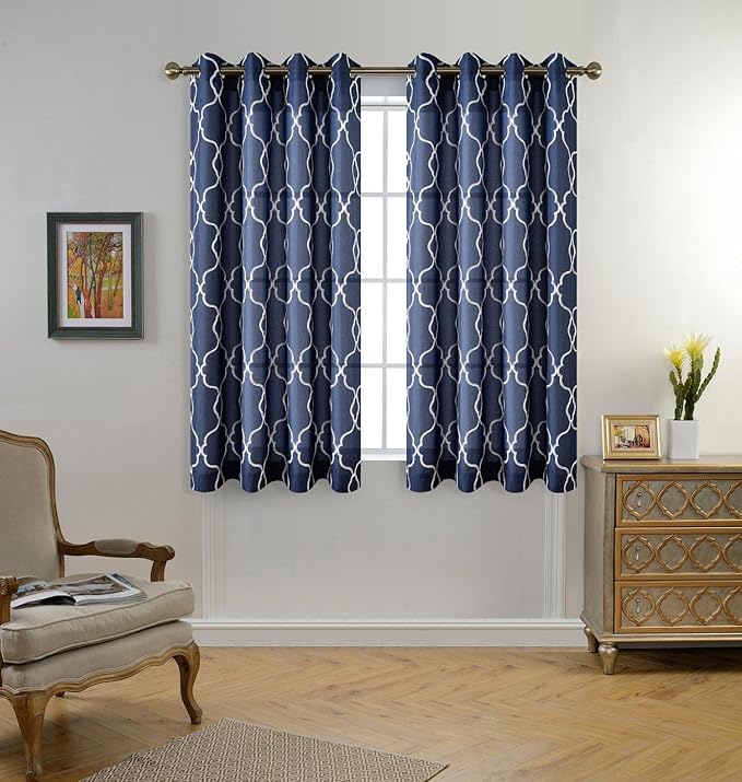 MIUCO Moroccan Embroidery Semi Sheer Curtains Faux Linen Grommet Window Curtains for Living Room 52 x 63 Inch 2 Panels, Navy Blue