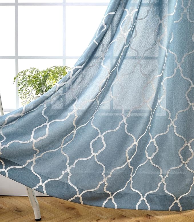 MIUCO Moroccan Embroidered Semi Sheer Curtains Faux Linen Grommet Window Curtain for Living Room 52 x 84 Inch 2 Panels, Dusty Blue