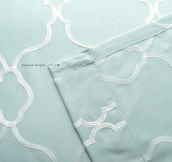 MIUCO Moroccan Embroidered Semi Sheer Curtains Linen Look Grommet Panels for Bedroom 52 x 95 Inch 2 Panels, Subtle Green