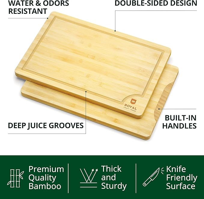 Chopping Board Set of 2 - Wooden Cutting Boards for Kitchen Meal Prep & Serving - Bamboo Wood Cutting Board Set - Charcuterie & Chopping Butcher Block for Meat - Kitchen Gadgets Gift