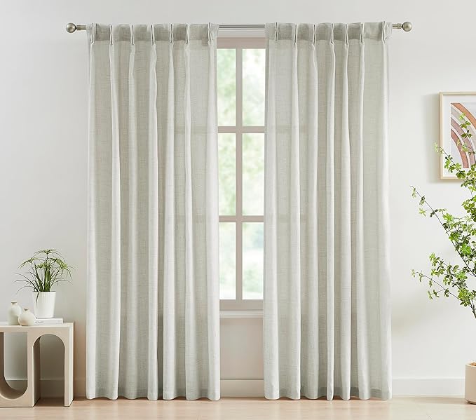 FMFUNCTEX Pinch Pleated Curtains 84 Inches Long for Living Room,Cream Beige Semi Sheer Faux Linen Textured Pleat Drapes for Bedroom with Hooks, Light Filtering Farmhouse Window Drapes 2 Panels