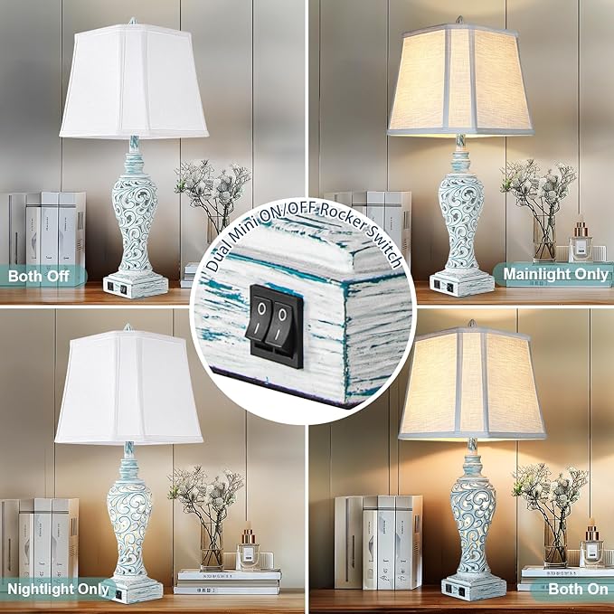 Table Lamp Bedside Lamps Set of 2, 28.5'' Luxsight Farmhouse Table Lamps for Bedroom, Lamps for Nightstands with Night Lights, with USB C+A Ports, Rustic Lamp for Living Room, Bulb Included