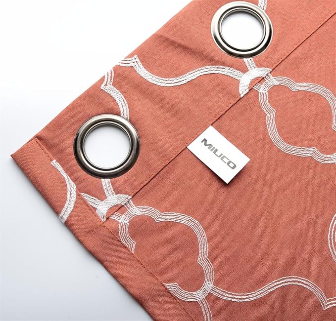 MIUCO Moroccan Embroidered Semi Sheer Curtains Faux Linen Grommet Window Curtains for Girls Room 52 x 63 Inch 2 Panels, Rust