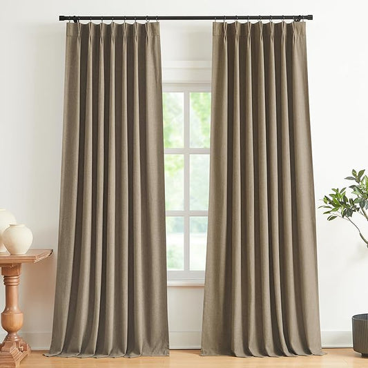 Vision Home Brown Pinch Pleated Full Blackout Curtains Linen Blended Room Darkening Window Curtains 102 inch for Living Room Bedroom Thermal Insulated Pinch Pleat Drapes with Hooks 40" Wx102 Lx2