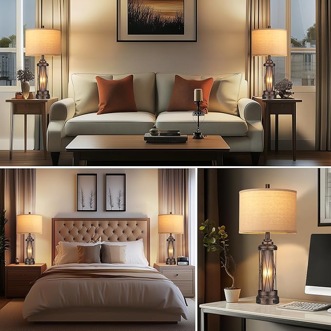 Qimh Farmhouse Table Lamps for Living Room, Rustic Nightstand Lamp for Bedroom with USB A+C Charging Ports, Frosted Glass Bedside Lamp with Night Light for Entryway End Table, 4 Bulbs Included, Bronze
