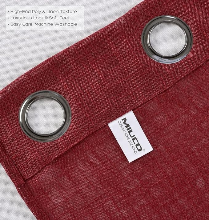 MIUCO Semi Sheer Curtains Poly Linen Textured Solid Grommet Curtains 63 Inches Long for Living Room 2 Panels (2 x 37 Wide x 63" Long) Burgundy
