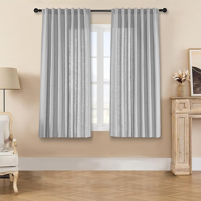 Joydeco Linen Curtains 63 inches Long 2 Panel Sets for Living Room, Light Filtering Drapes with Rod Pocket Back Tab, Ebony Grey Window Long Curtains