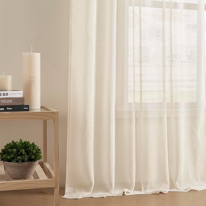 Joydeco Sheer Curtains 108 Inches Long, White Curtains for Living Room 2 Panels Set, Linen Curtains Window Privacy Assured with Light Filtering(W52 x L108 Inch,Linen)