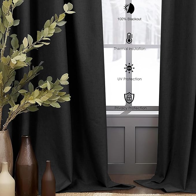 DANCURTON Black Blackout Curtains 63 Inch Length for Bedroom 2 Panels Set Back Tab Living Room Darkening Dark Out Heavy Thick Linen Farmhouse Insulated Thermal Curtain for Winter Summer 63 Inches Long