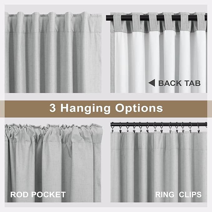 Elegant Light Grey 100% Black Out Curtains 96 Inch Length 2 Panel for Living Room Darkening White Back Tab Thermal Insulated Long Drape Complete Blackout Linen Textured Curtain for Bedroom Dove Gray