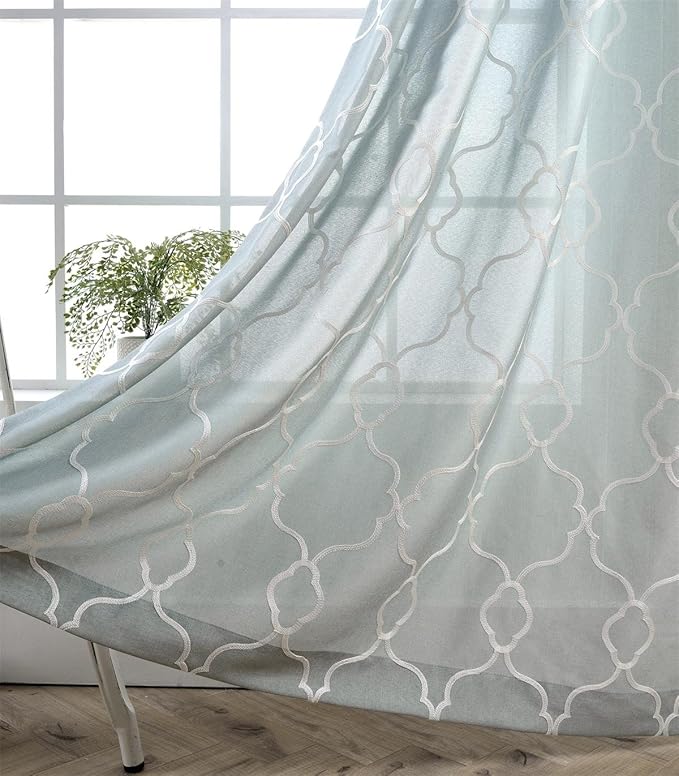 MIUCO Moroccan Embroidered Semi-Sheer Curtains Faux Linen Grommet Window Panel Pair for Nursery 52 x 63 Inch, Sea Foam