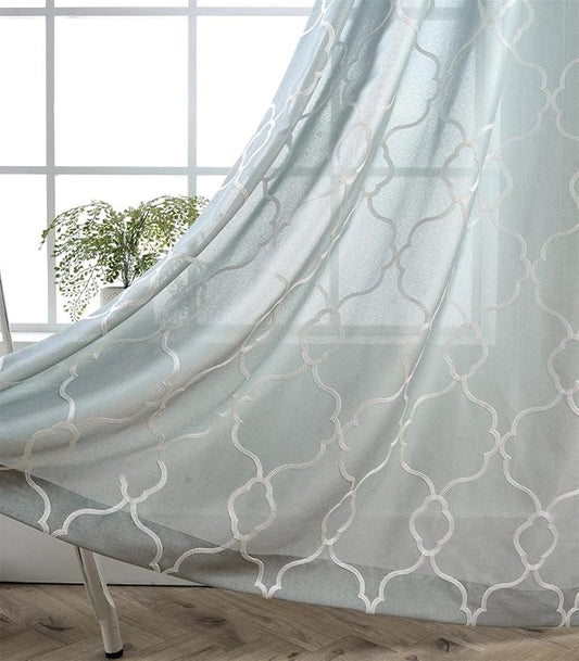 MIUCO Moroccan Embroidered Semi-Sheer Curtains Faux Linen Grommet Window Panel Pair for Nursery 52 x 63 Inch, Sea Foam