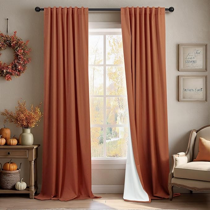 Terracotta Blackout Curtains for Living Room 2 Panel 84 Inches Long Back Tab Pocket Black Out Linen Burnt Orange Rust Drapes for Bedroom Darkening Thermal Insulated Boho Farmhouse Fall Decor 84 Length