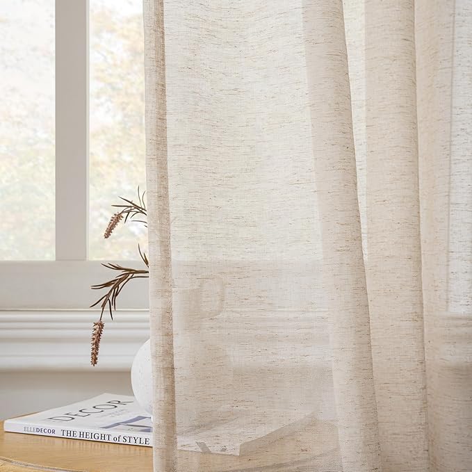 FMFUNCTEX Linen Sheer Curtains for Bedroom, Taupe Curtains 63 Inch Length for Living Room, Brown Farmhouse French Flax Blend Window Draperies, Rod Pocket 2 Panels Set