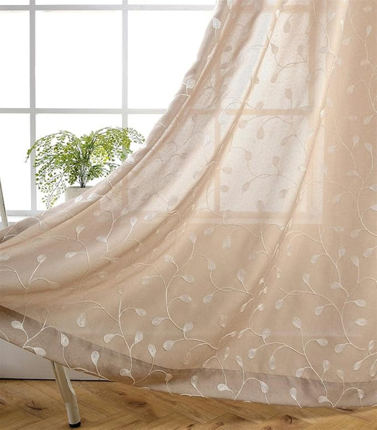 MIUCO Floral Embroidery Semi Sheer Curtains Faux Linen Grommet Window Curtains for Bedroom 52 x 63 Inch 2 Panels, Linen