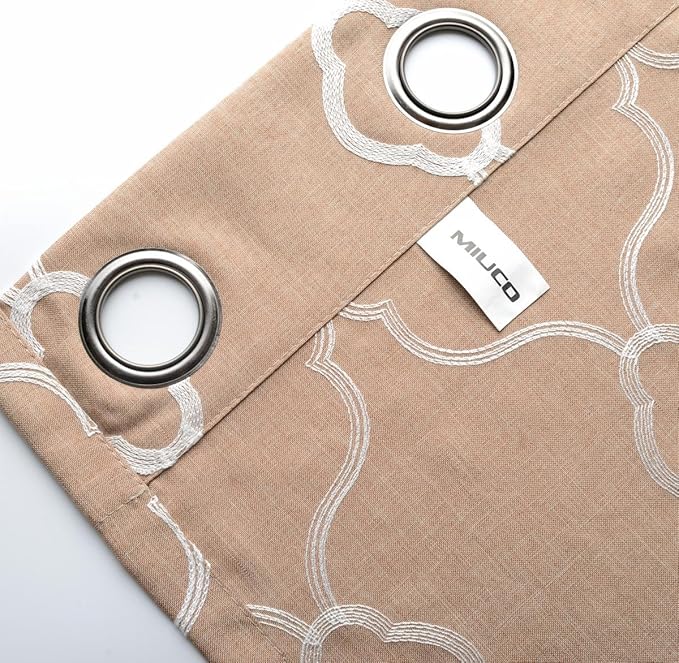 MIUCO Moroccan Embroidery Semi Sheers Curtain Faux Linen Grommet Window Curtains for Office 52 x 95 Inch 2 Panels, Taupe