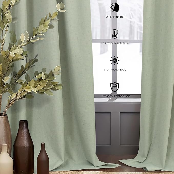 Small Short Blackout Curtains 54 Inch Length for Bedroom 2 Panels Back Tab Pleated Light Sage Green Room Darkening Insulated Thermal Drapes Window Treatment Curtain Panels for Living Room Boho Decor