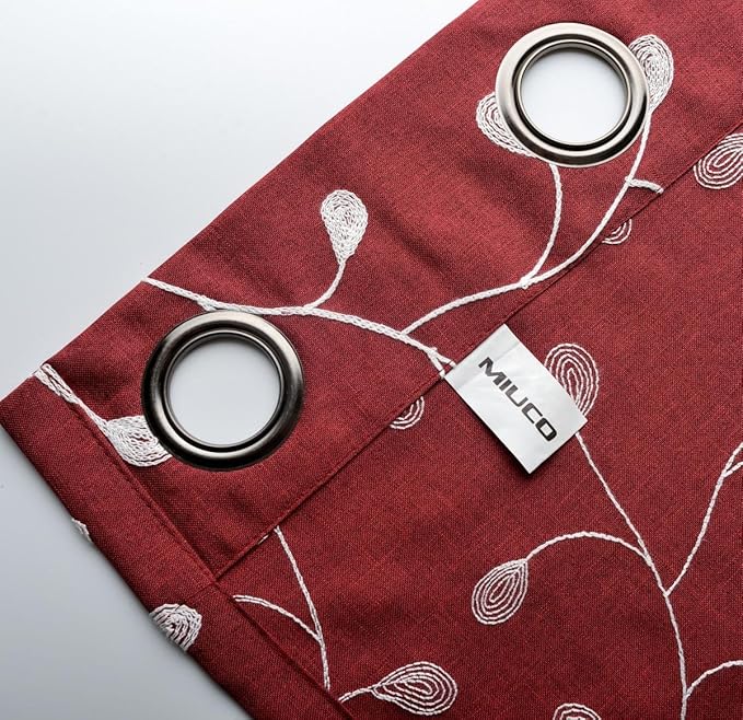 MIUCO Floral Embroidered Semi Sheer Curtains Faux Linen Grommet Curtains for Living Room 52 x 63 Inch 2 Panels, Burgundy