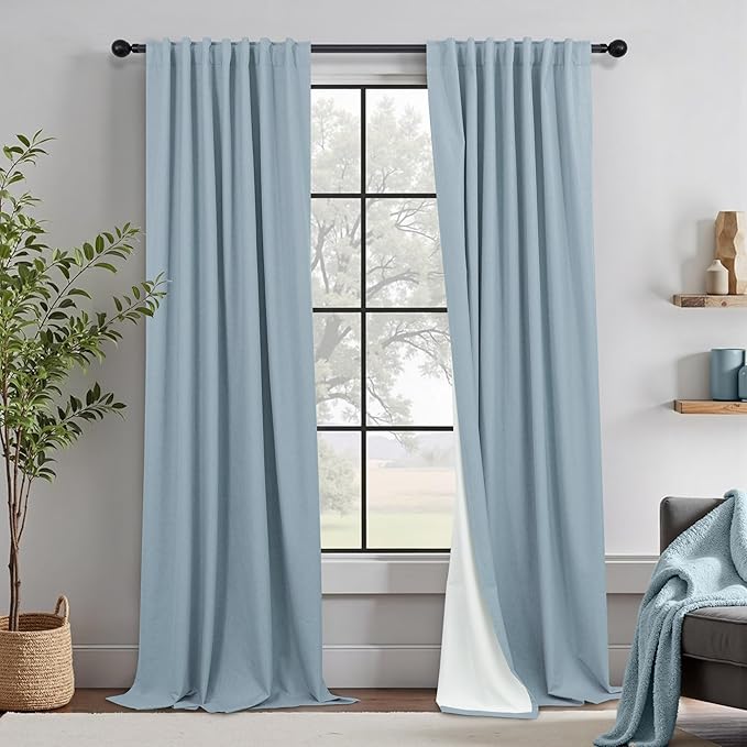 Dusty Blue Drapes 84 Inch Length 2 Panels for Bedroom Aesthetic 100% Blackout Cute Curtains for Nursery Weather Curtain Thermal Insulated Energy Efficient Cotton Linen Back Tab Pleated Stone Blue Grey
