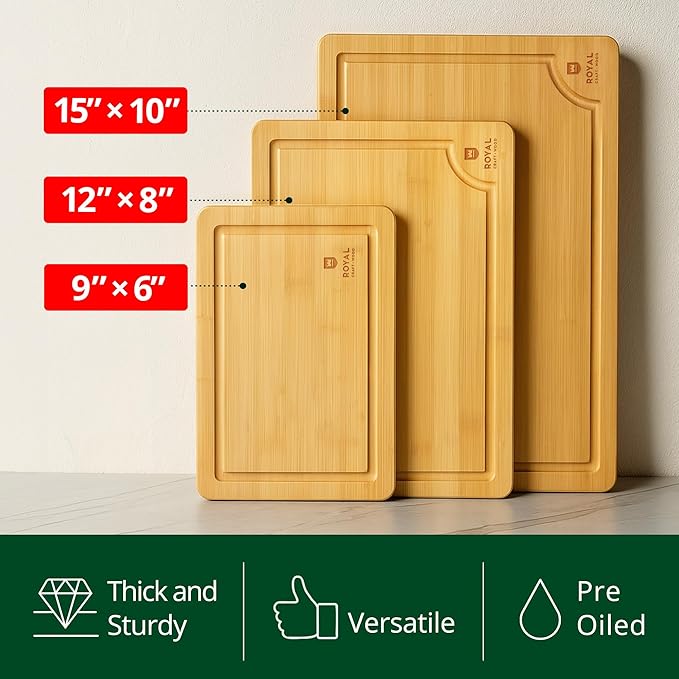 Wooden Cutting Boards for Kitchen Meal Prep & Serving - Bamboo Wood Cutting Board Set - Charcuterie & Chopping Butcher Block for Meat - Kitchen Gadgets Gift
