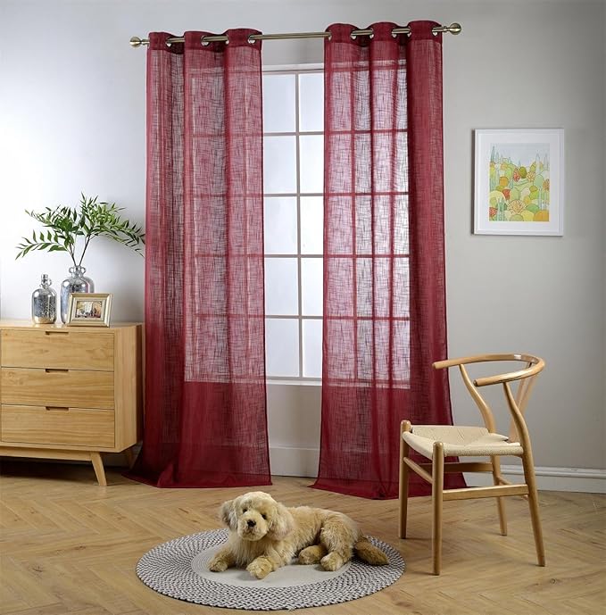 MIUCO Semi Sheer Curtains Poly Linen Textured Solid Grommet Curtains 95 Inches Long for Window Treatment 2 Panels (2 x 37 Wide x 95" Long) Burgundy