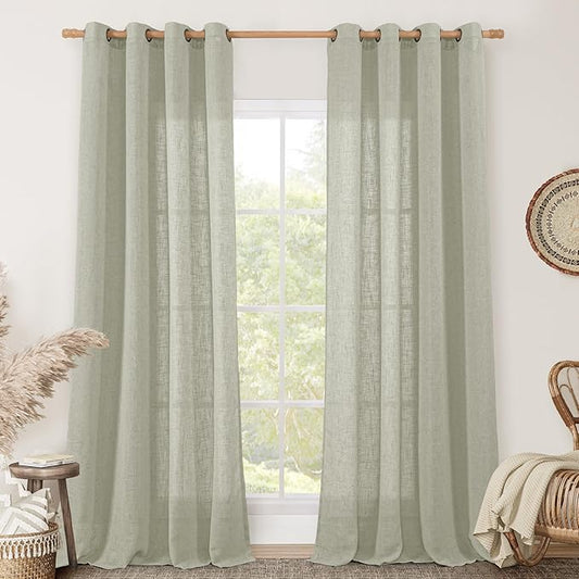 LAMIT Linen Curtains for Living Room 84 Inch Length, Bronze Grommet Light Filtering Semi Sheer Drapes Neutral Rustic Farmhouse Boho Panels for Bedroom, 2 Panels, Sage Grey, 52 x 84 Inch