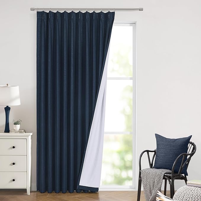 Vision Home Navy Blue Pinch Pleated Full Blackout Curtains Linen Blended Room Darkening Window Curtains 112 inch for Living Room Bedroom Thermal Insulated Pinch Pleat Drapes with Hooks 60" Wx112 Lx1